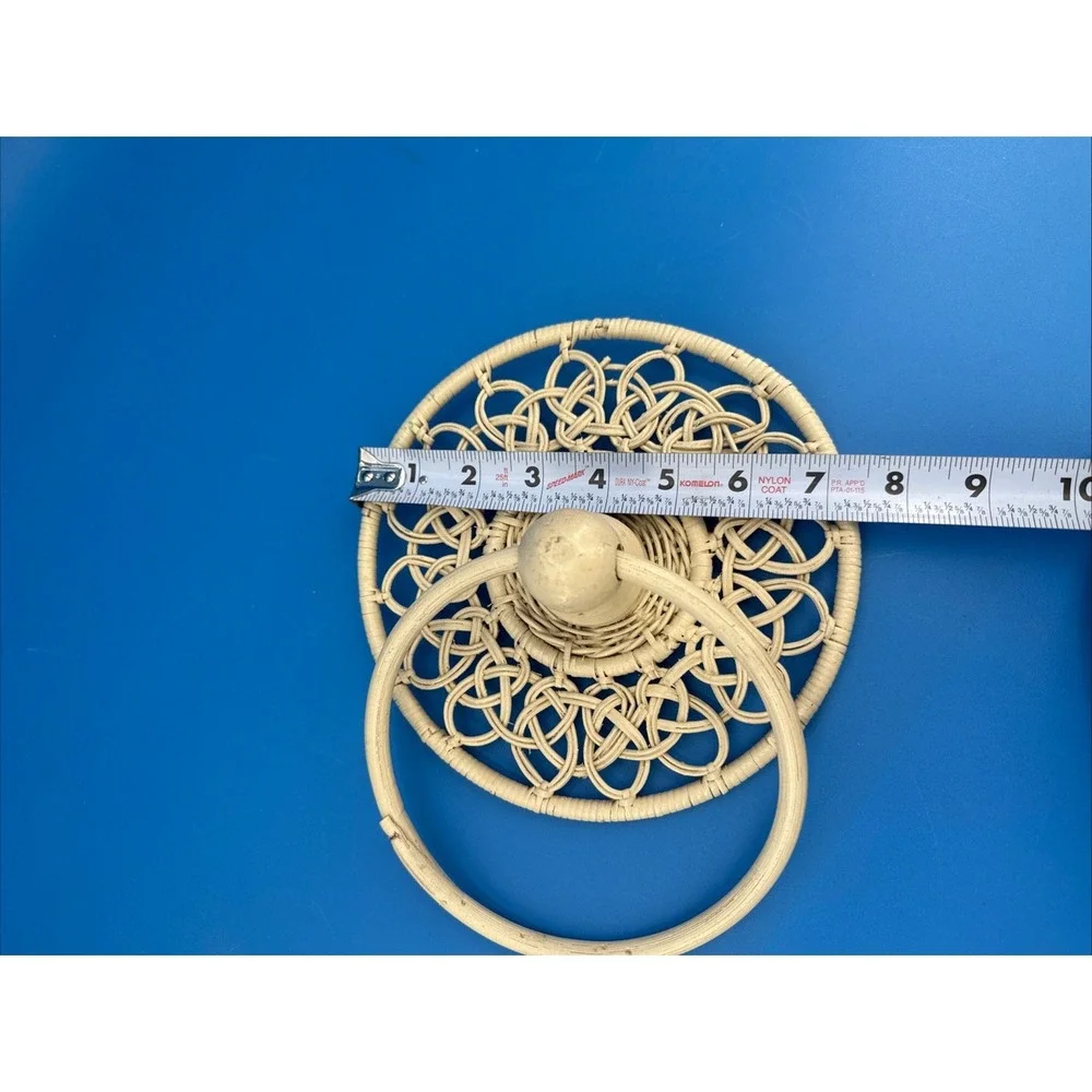 Vintage Rattan Ivory Wicker Towel Holder Boho MCM Beach Shabby Eclectic